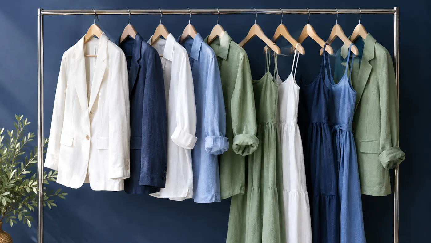 Barra de acero con americanas, camisas y vestidos de lino en blanco, azul marino, verde salvia y azul francés