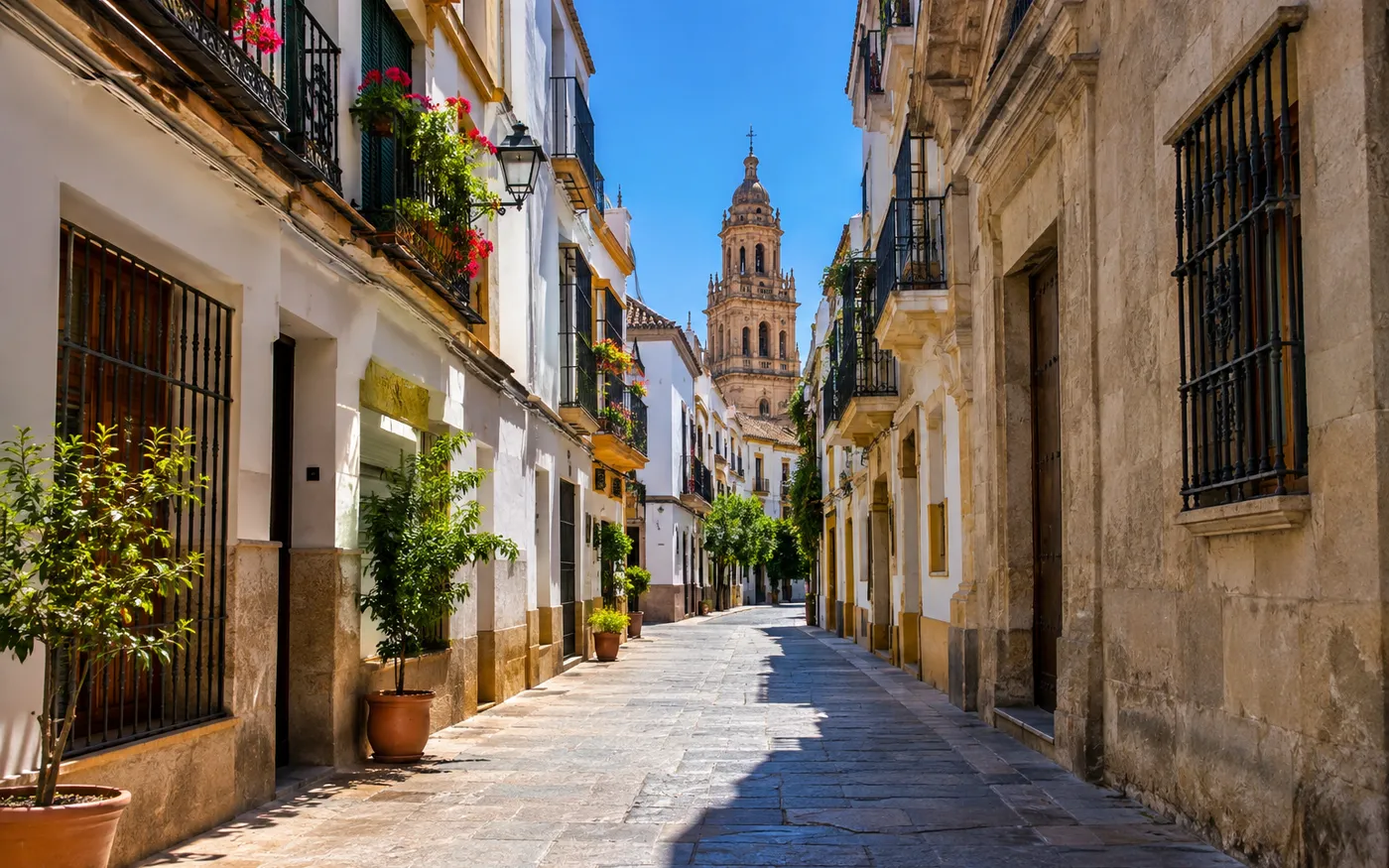 Calle estrecha del casco antiguo a media mañana de verano, con balcones y un campanario al fondo