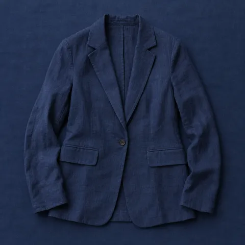 Americana de lino Floridablanca en azul marino, prenda extendida sobre mantel azul