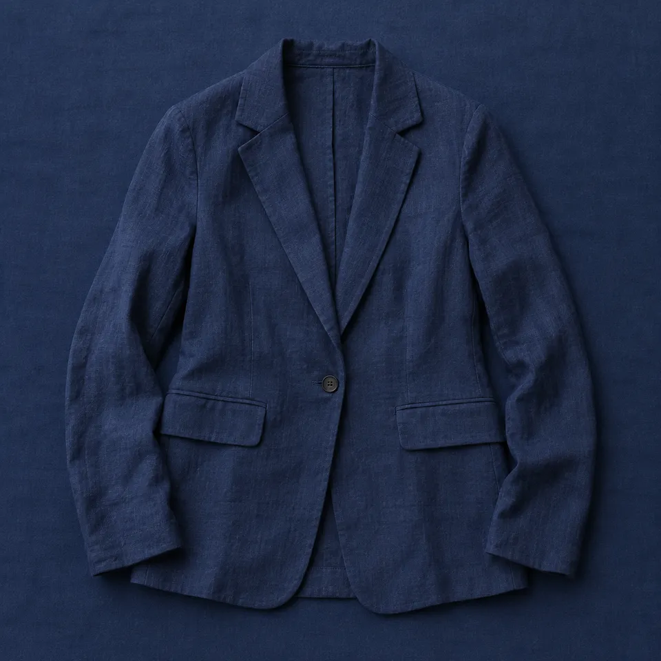 Americana de lino Floridablanca, azul marino, extendida sobre un mantel azul oscuro