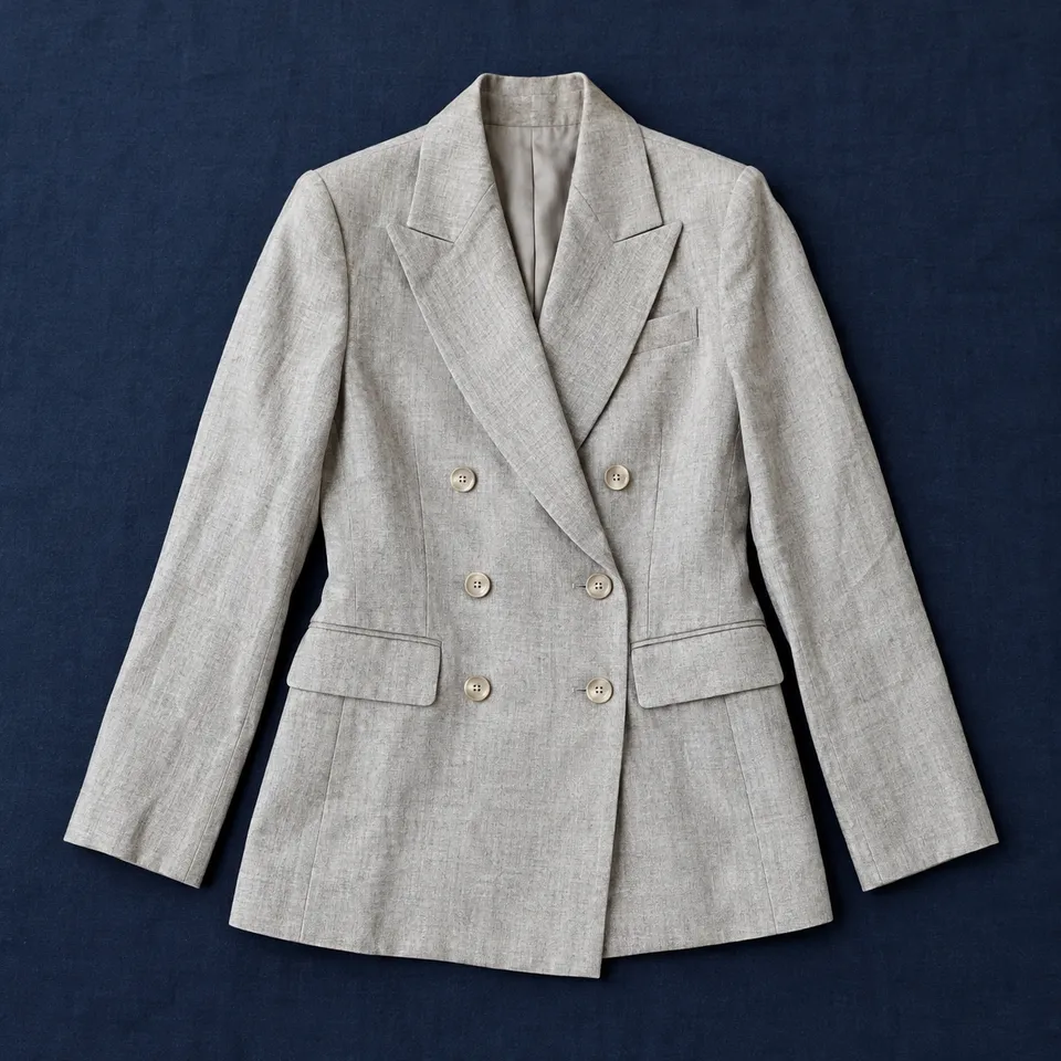 Americana cruzada San Antolín, gris perla, extendida sobre un mantel azul oscuro