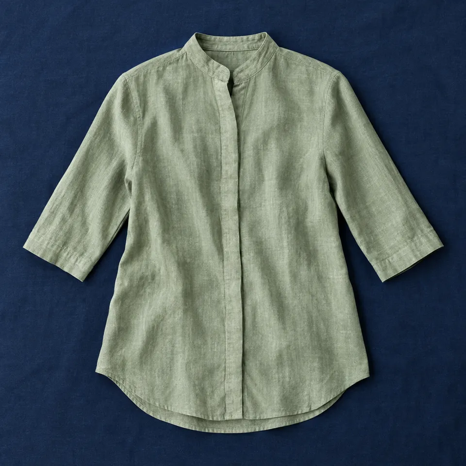Camisa cuello mao Algezares, verde salvia, extendida sobre un mantel azul oscuro