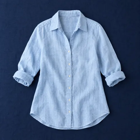 Camisa de lino Espinardo en celeste, prenda extendida sobre mantel azul
