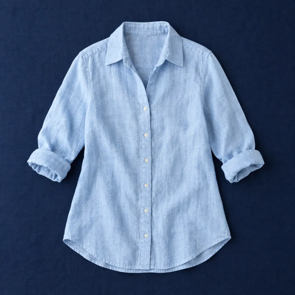 Camisa de lino Espinardo, celeste, extendida sobre un mantel azul oscuro