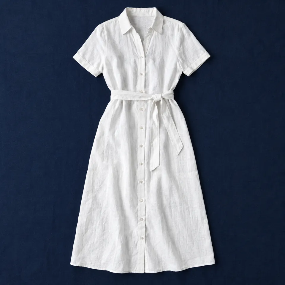 Vestido camisero Puxmarina, blanco óptico, extendida sobre un mantel azul oscuro
