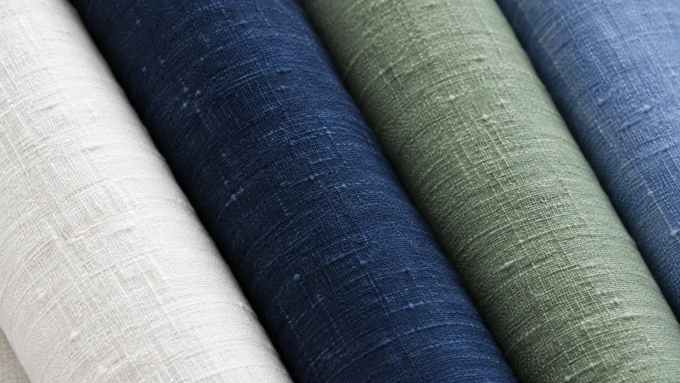 Rollos de lino en blanco, azul marino, verde salvia y azul francés sobre la mesa del taller