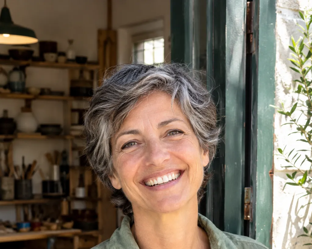 Carmen Ortuño Belmonte, sastra, en la puerta del taller con camisa de lino verde salvia